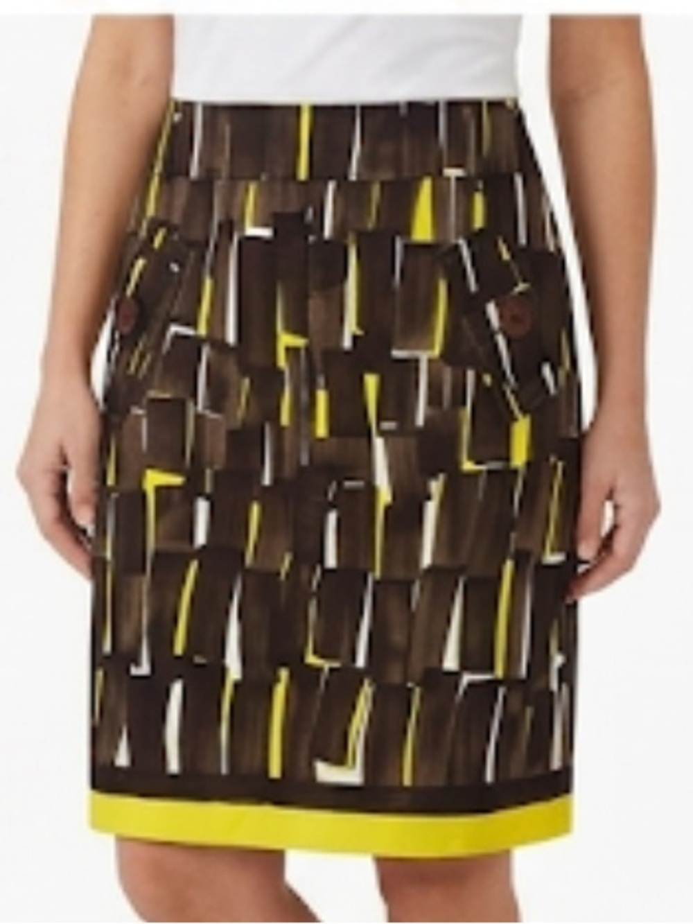 Eccoci brown yellow bold Geometric print Pencil Skirt two fake pockets size 6